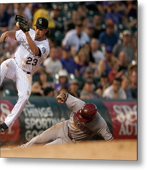 Catching Metal Print featuring the photograph Charlie Culberson and Martin Prado by Dustin Bradford