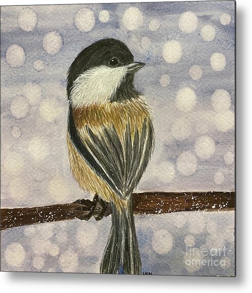 Chickadee Metal Print featuring the painting Chickadee In Snow by Lisa Neuman
