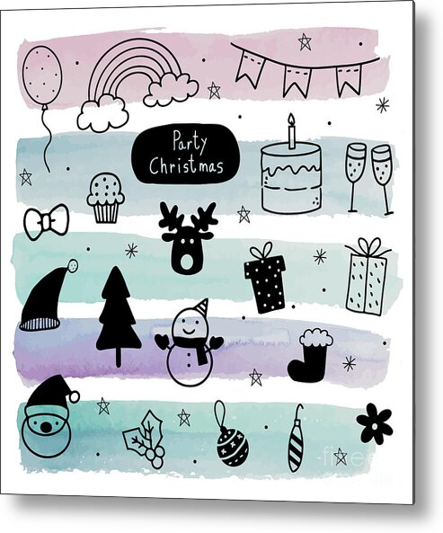 Doodles Metal Print featuring the drawing Christmas Celebration, Christmas Icons, Christmas Doodles Drawing, 2023 Christmas Party Illustration by Mounir Khalfouf