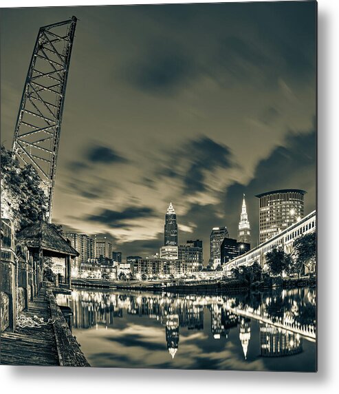 Cleveland Ohio Metal Print featuring the photograph Cleveland Skyline And Cuyahoga River Bridge At Dawn - Sepia by Gregory Ballos