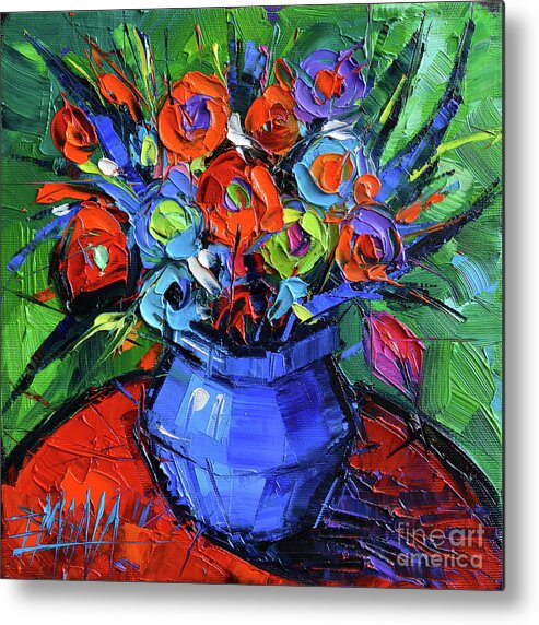 Colorful Bouquet In Blue Vase Metal Print featuring the painting Colorful Bouquet In Blue Vase by Mona Edulesco