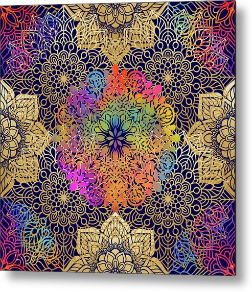 Mandala Metal Print featuring the digital art Colorful Gold Mandala Pattern in Black Background by Sambel Pedes