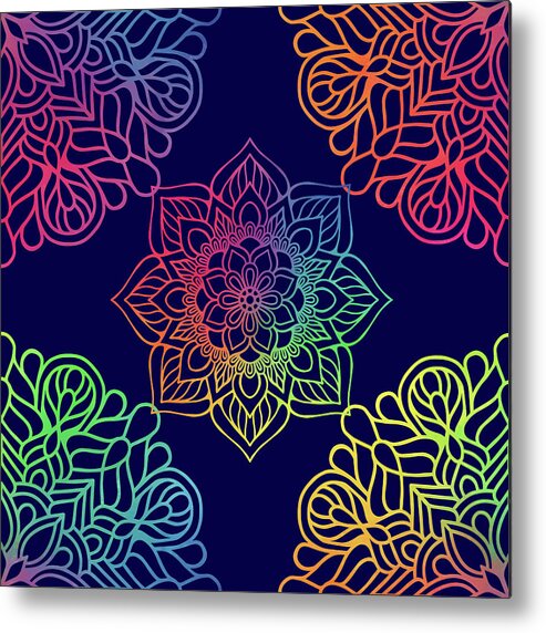 Mandala Metal Print featuring the digital art Colorful Mandala Pattern In Blue Background by Sambel Pedes