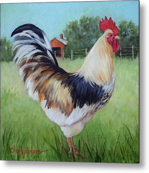 Rooster Metal Print featuring the painting Colorful Rooster and Red Barn Landscape and Scene by Cheri Wollenberg by Cheri Wollenberg