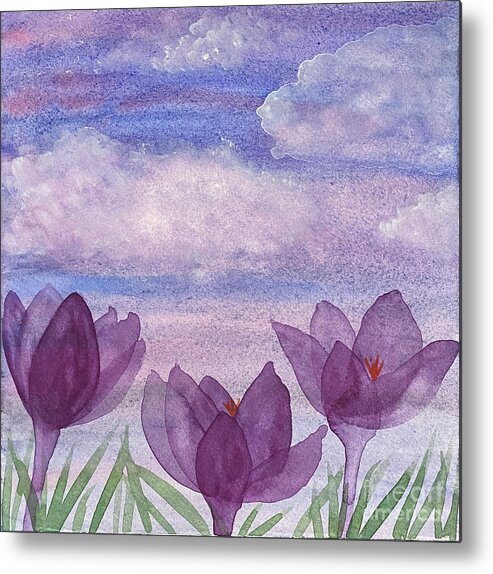 Crocuses Metal Print featuring the painting Crocuses and Clouds by Lisa Neuman