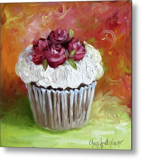 Cupcake Painting Metal Print featuring the painting Cupcake With Roses by Cheri Wollenberg