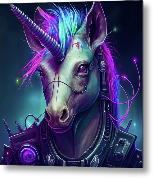 Unicorn Metal Print featuring the digital art Cyberpunk Unicorn Portrait 01 by Matthias Hauser