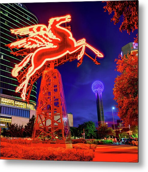 Dallas Skyline Metal Print featuring the photograph Dallas Pegasus With The Reunion Tower 1x1 by Gregory Ballos