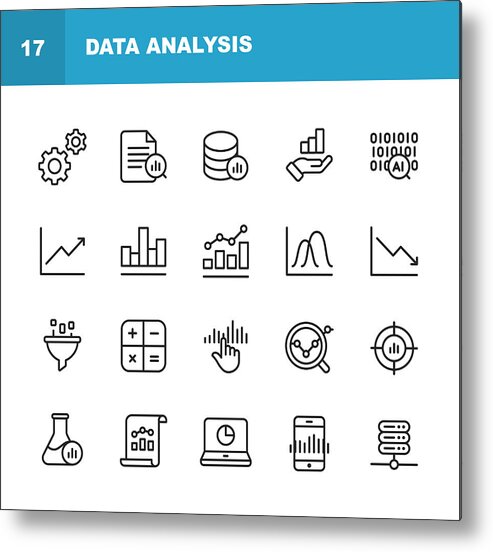 Corporate Business Metal Print featuring the drawing Data Analysis Line Icons. Editable Stroke. Pixel Perfect. For Mobile and Web. Contains such icons as Settings, Data Science, Big Data, Artificial Intelligence, Statistics. by Rambo182