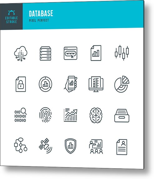 Internet Metal Print featuring the drawing DATABASE - thin line vector icon set. Pixel perfect. Editable stroke. The set contains icons: Big Data, Biometric Data, Analyzing, Diagram, Personal Data, Cloud Computing, Archive, Stock Market Data, Brain. by Fonikum
