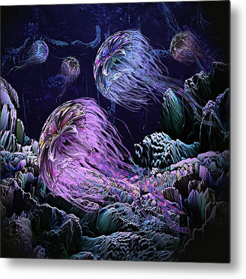 Art Metal Print featuring the digital art Deep Sea Exploration Jellyfish Bay by Artful Oasis