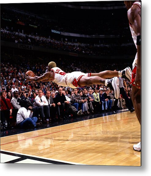 Dennis Rodman Metal Print featuring the photograph Dennis Rodman Diving For Loose Ball by Sam Forencich