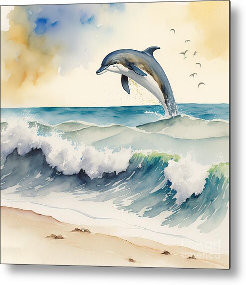 Marine Metal Print featuring the painting Dolphin At Beach by N Akkash