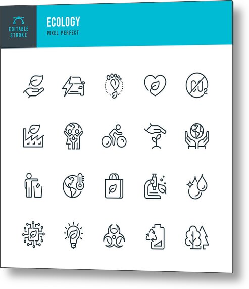Environmental Conservation Metal Print featuring the drawing ECOLOGY - thin line vector icon set. Pixel perfect. Editable stroke. The set contains icons: Ecology, Climate Change, Environmental Conservation, Alternative Energy, Green Technology. by Fonikum