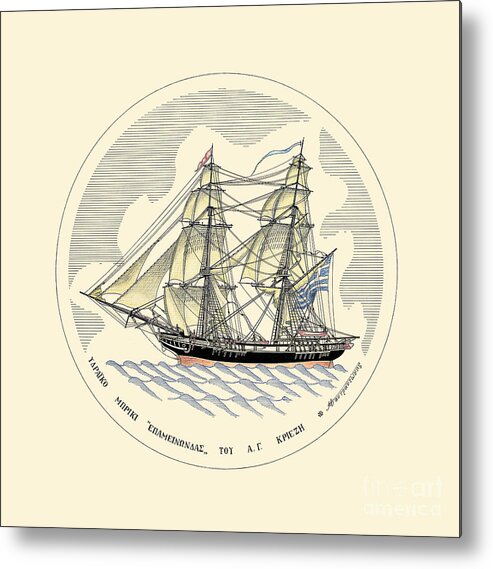 Historic Vessels Metal Print featuring the drawing The brig Epaminondas - 1817 miniature by Panagiotis Mastrantonis