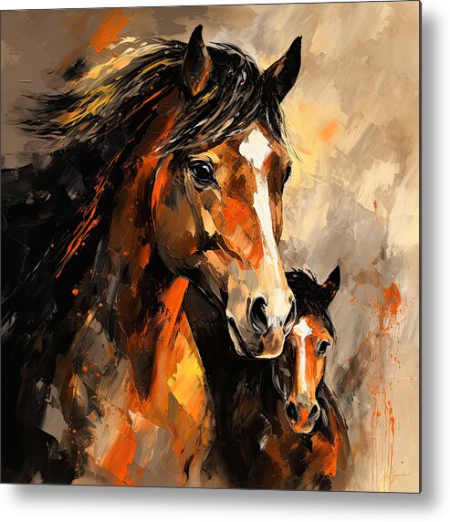 Mare And Foal Metal Print featuring the digital art Equine Love - Mare and Foal Art by Lourry Legarde