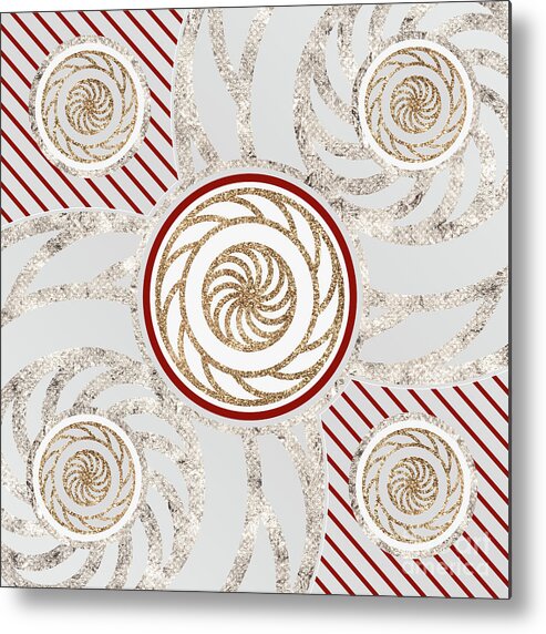 Abstract Metal Print featuring the mixed media Festive Sparkly Geometric Glyph Art in Red Silver and Gold n.0137 by Holy Rock Design