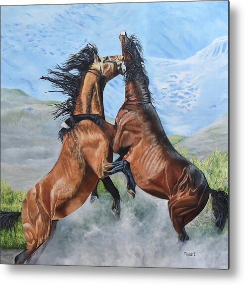 Stallion Metal Print featuring the painting Fight For Leadership by Marilyn McNish