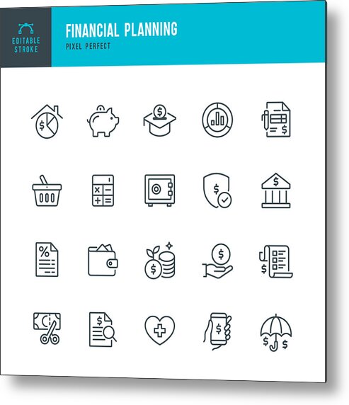 Coin Metal Print featuring the drawing Financial Planning - thin line vector icon set. Pixel perfect. The set contains icons: Financial Planning, Piggy Bank, Savings, Economy, Insurance, Home Finances. by Fonikum