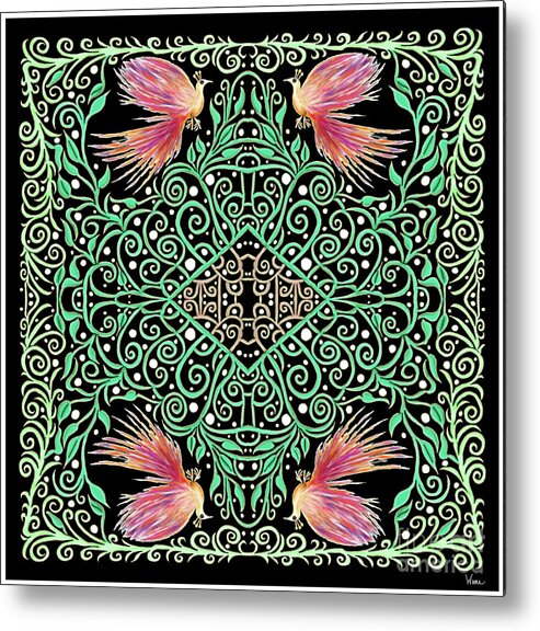 Firebirds Metal Print featuring the mixed media Firebirds on a Black Background with Greenery by Lise Winne