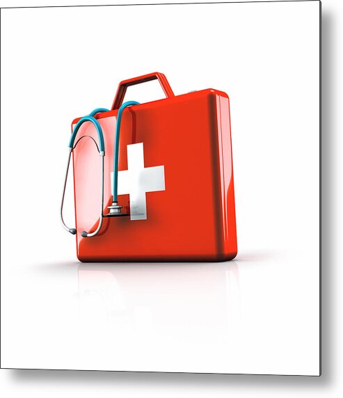White Background Metal Print featuring the photograph First aid kit with stethoscope by Artpartner-images