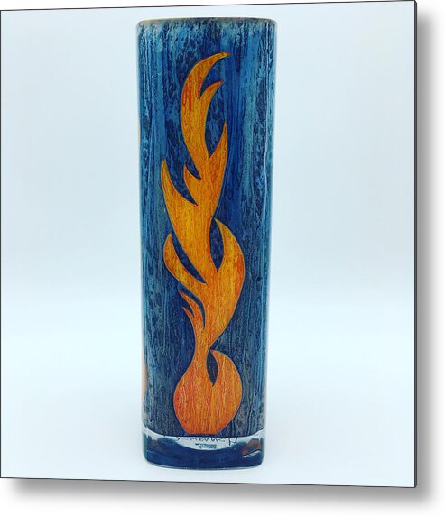 Glass Metal Print featuring the glass art Flame on Blue by Christopher Schranck