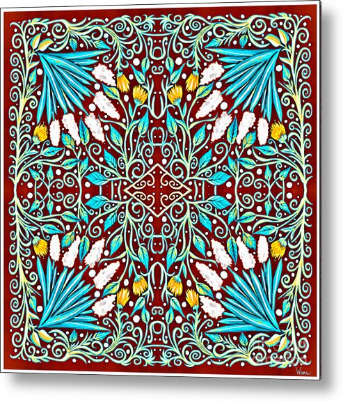 Turquoise Leaves Metal Print featuring the mixed media Floral Design in Turquoise, Yellow and Red by Lise Winne