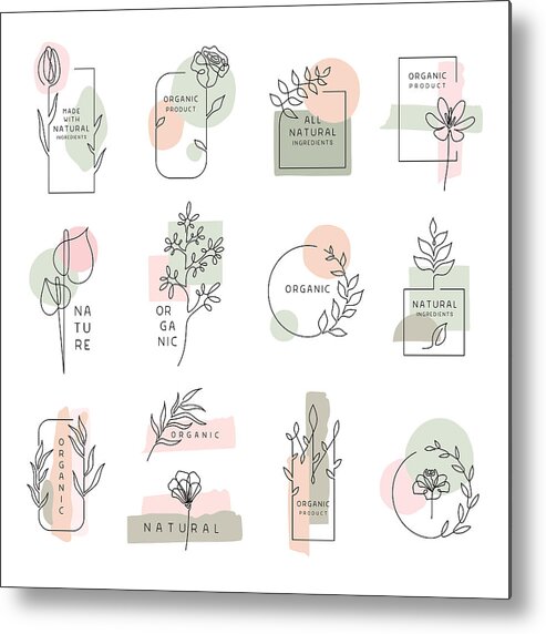 Slovenia Metal Print featuring the drawing Floral labels for natural and organic products by Miakievy