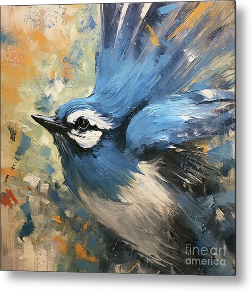 Blue Jay Metal Print featuring the painting Fly Little Blue Jay by Tina LeCour