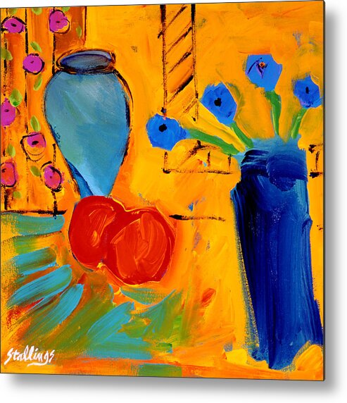 Still Life Metal Print featuring the painting Four Blue Flowers by Jim Stallings