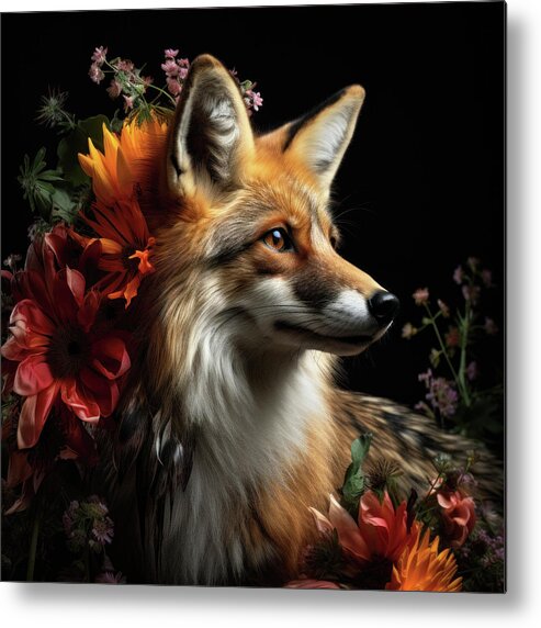 Fox Metal Print featuring the digital art Fox and flowers by Imagine ART