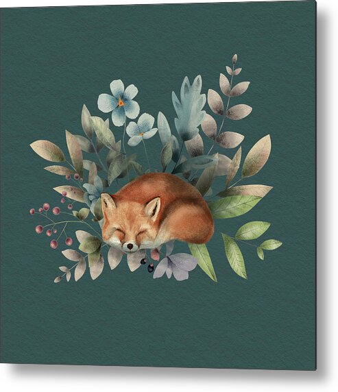 Fox Metal Print featuring the painting Fox With Flowers by Garden Of Delights