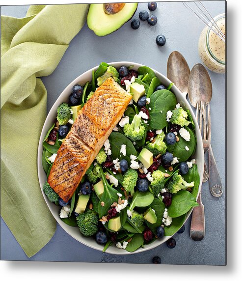 Cheese Metal Print featuring the photograph Fresh spinach and feta salad with salmon by VeselovaElena