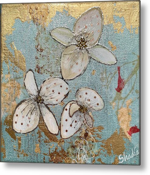 Orchid White Orchids Flowers Blossom Tropical Tropics Love Beauty Whitish Soft Delicate Green Fragile Fertility Refinement Thoughtfulness Charm Phalaenopsis Reverence Gold Gold Leaf Metallic Elegance Elegant Graceful Petite Dow Gardens Garden Midland Dowgarden Gold Collage Shadia Blue Pale Blue Soft Blue Metal Print featuring the painting Gilded Orchid II by Shadia Derbyshire
