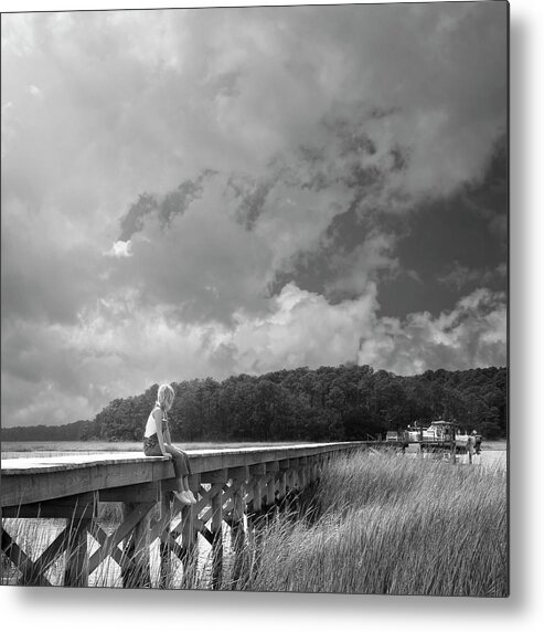 Girl In The Marsh Photo Metal Print featuring the photograph Girl in the Marsh Square BW by Bob Pardue