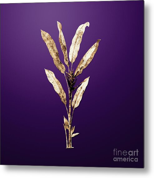 Gold Metal Print featuring the painting Gold Parrot Heliconia on Royal Purple n.01860 by Holy Rock Design