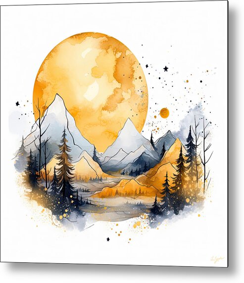 Yellow And Gray Metal Print featuring the painting Golden Moon over the Grays by Lourry Legarde