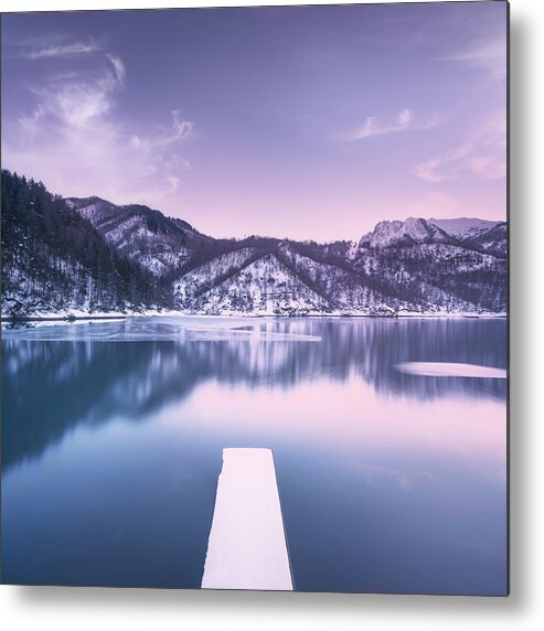 Lake Metal Print featuring the photograph Gramolazzo iced lake and snowy pier in Apuan mountains. by Stefano Orazzini