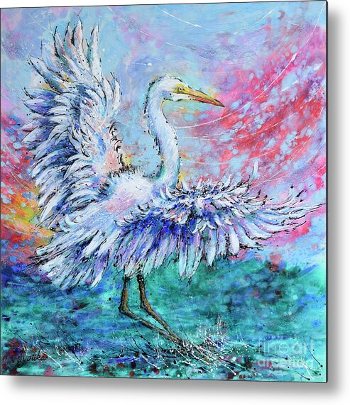  Metal Print featuring the painting Great Egret's Glorious Landing by Jyotika Shroff