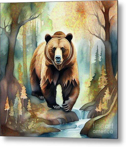 Abstract Metal Print featuring the digital art Grizzly Bear In The Forest - 02153 by Philip Preston