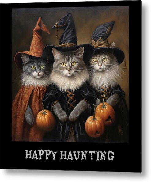 Halloween Metal Print featuring the mixed media Happy Haunting Halloween Pumpkins Gothic Cats, Halloween by Mounir Khalfouf