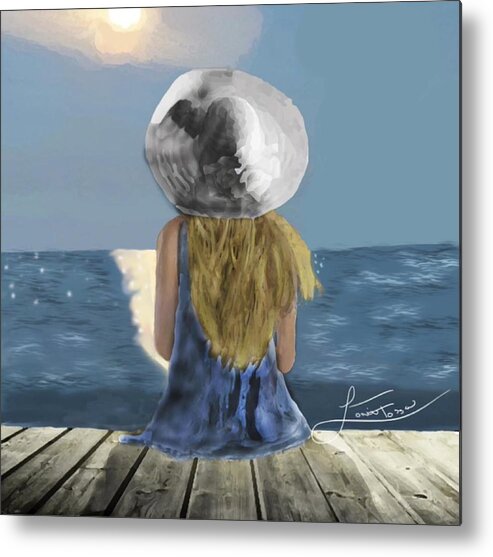 Girl Hat Sunset Dock Whimsical Sunset Ocean Waves Metal Print featuring the mixed media Hopes and Dreams by Lorie Fossa