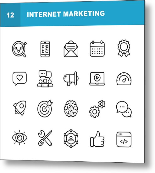 Digital Display Metal Print featuring the drawing Internet Marketing Line Icons. Editable Stroke. Pixel Perfect. For Mobile and Web. Contains such icons as Digital Marketing, Social Media, Marketing Strategy, Brainstorming, Sharing and Commenting. by Rambo182