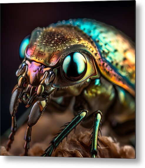 Stunning Iridescence Metal Print featuring the digital art Iridescent Beetle Exoskeleton in Close-Up by TintoDesigns