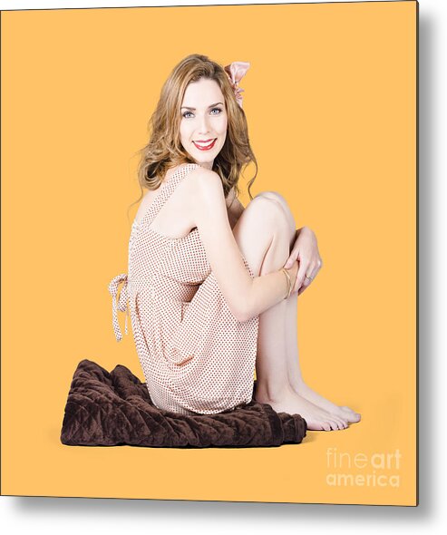 Beauty Metal Print featuring the photograph Isolated pinup girl sitting on soft blanket by Jorgo Photography