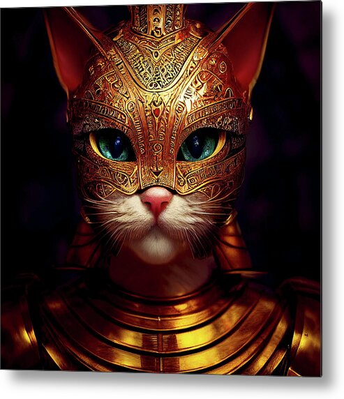 Cat Warriors Metal Print featuring the digital art Jade the Cat Warrior in Gold Armor by Peggy Collins