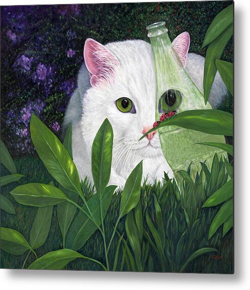 White Cat Art Metal Print featuring the painting Ladybugs and Cat by Karen Zuk Rosenblatt
