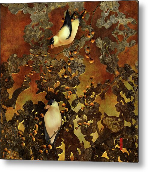 Chinoiserie Metal Print featuring the digital art Lantern Chinoiserie Goldfinches and Berries by Sand And Chi