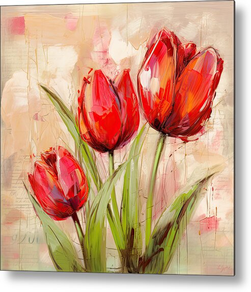 Red Tulips Metal Print featuring the painting Letters of Love - Impressionist Red Tulips by Lourry Legarde