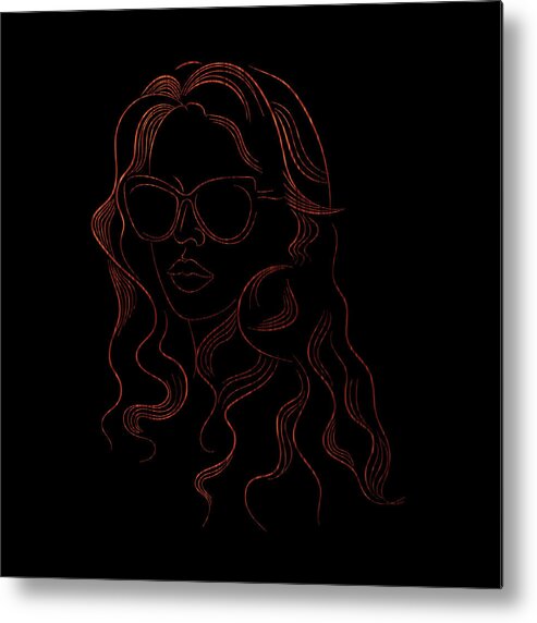 Women Metal Print featuring the drawing Line art of a long haired woman with sunglasses and a serious facial expression portrait art print by Mounir Khalfouf